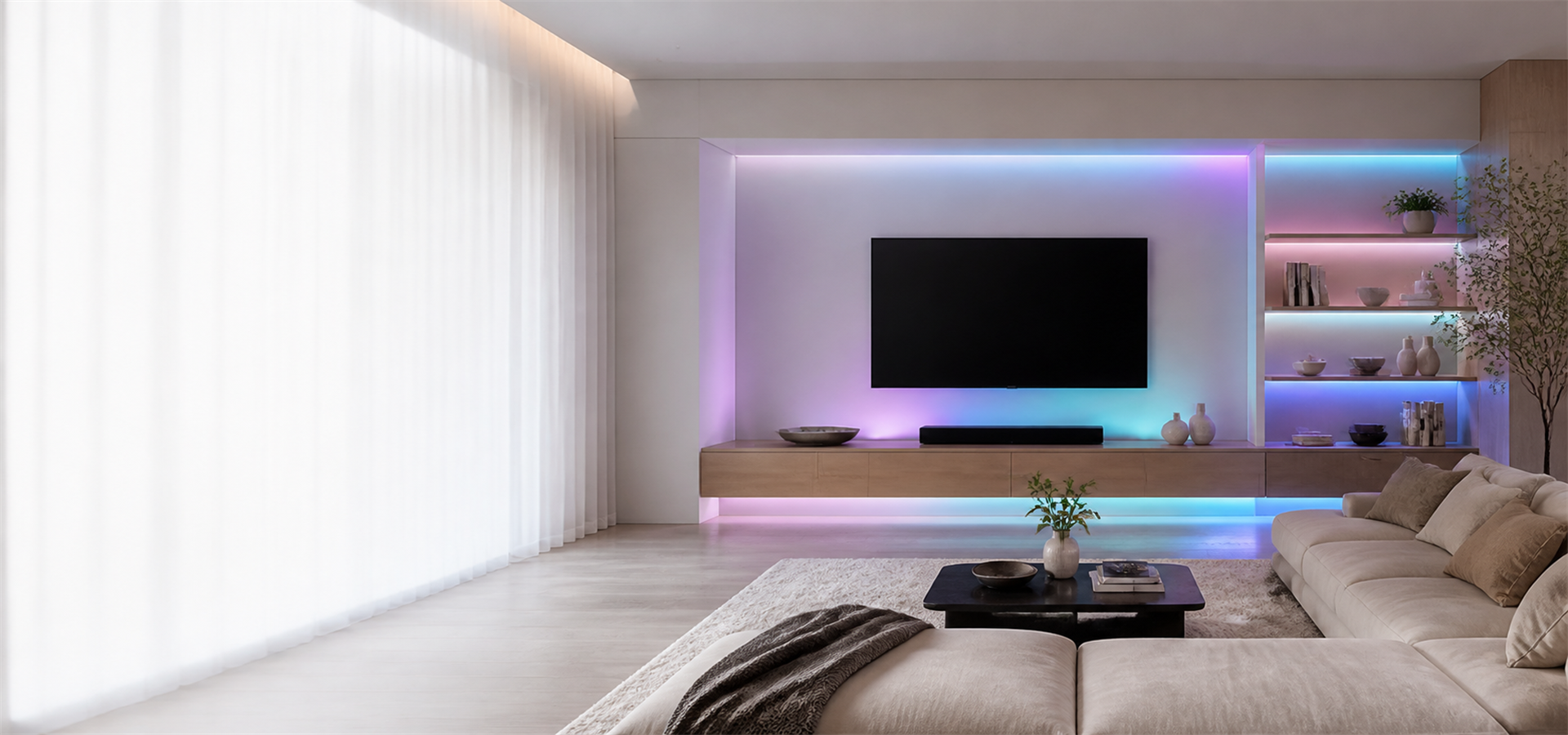 Bright modern living room illuminated by indirect cyan and violet light