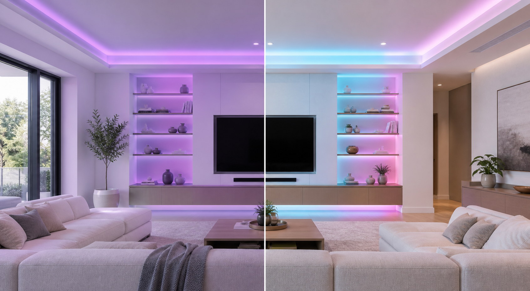 The same bright living room shown with single-color RGB light and multi-zone RGBIC light